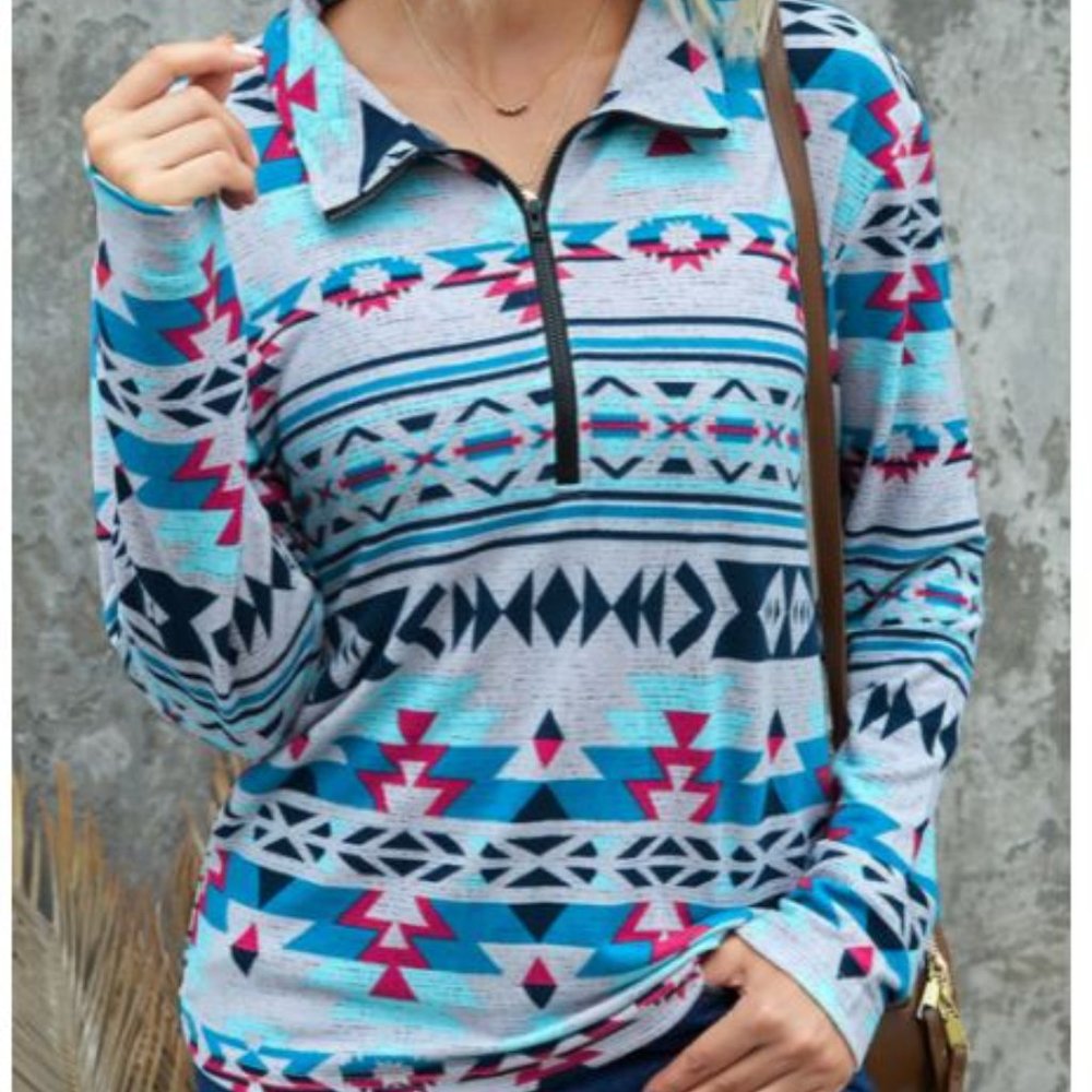 Zip Collar Aztec Pattern Sweatshirt - Picture 3 of 5